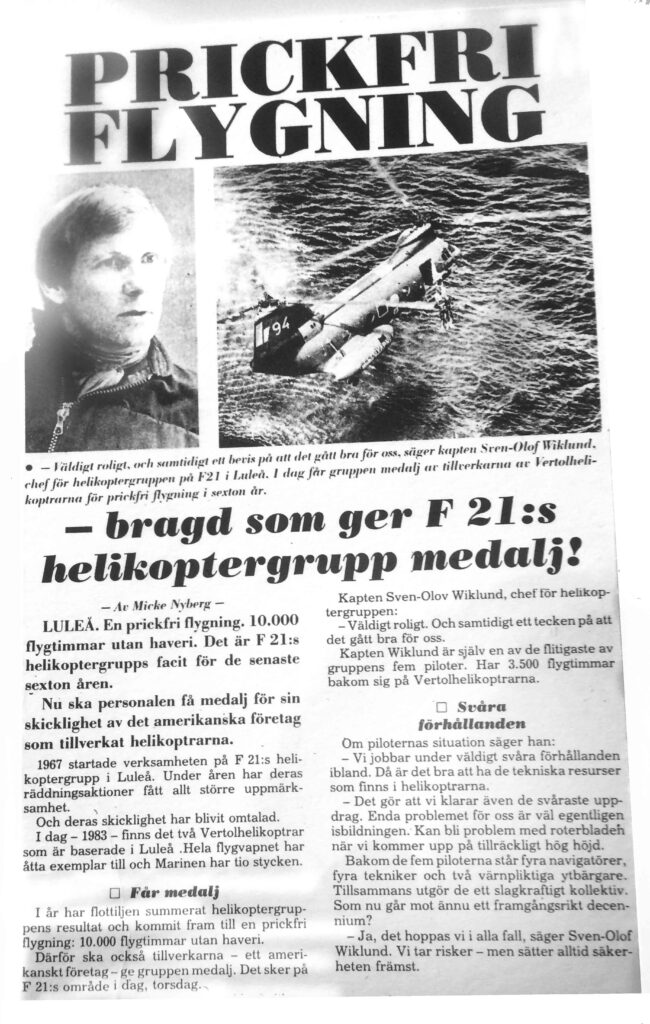 Tidningsklipp, F21:s helikoptergrupp får medalj
