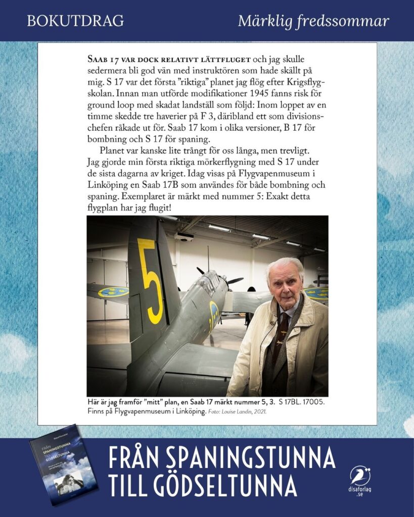 Roland Printzsköld och Saab S 17. Glidflyg! Bokutdrag, akt 2, Lära sig flyga. Ur Från spaningstunna till Gödseltunna, Disa förlag.