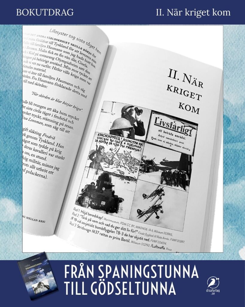 Bild av en öppnad bok med titeln 'Från spaningstunna till gödseltunna' och texten 'II. När kriget kom'. Förhandsgranskning av ett kapitel med bilder av soldater och militärfordon.